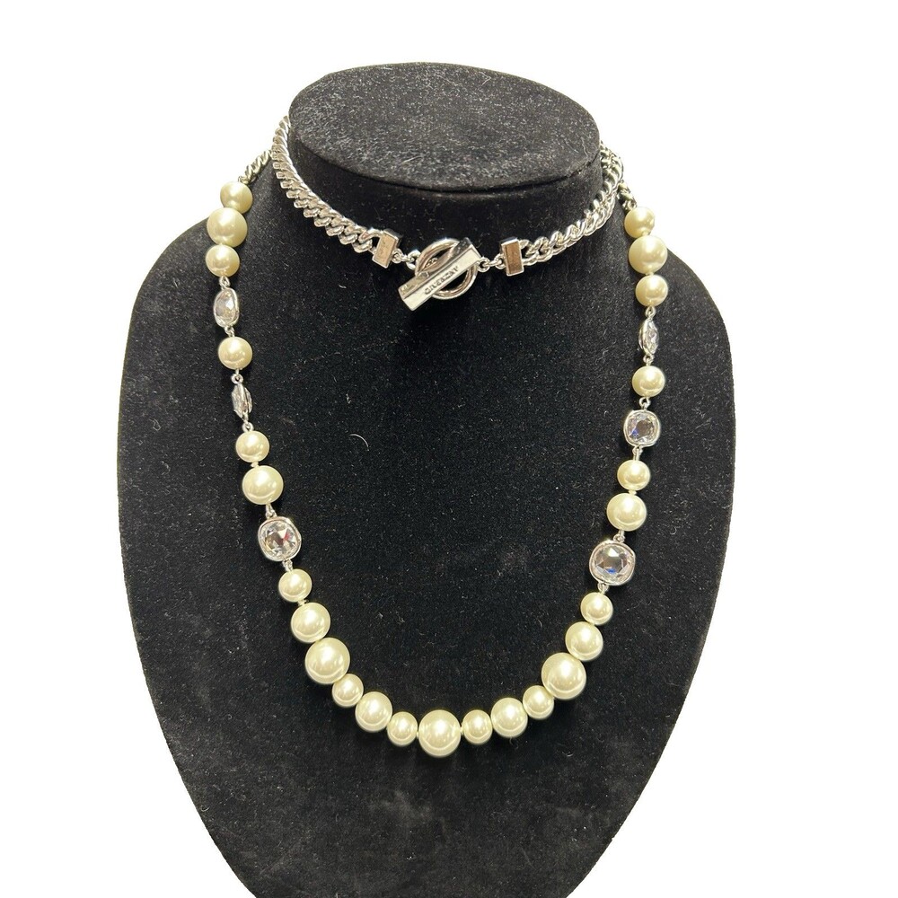 Givenchy VTG Knot Pearl Open Bezel Crystal Necklace Signed 36 inch Long Toggle